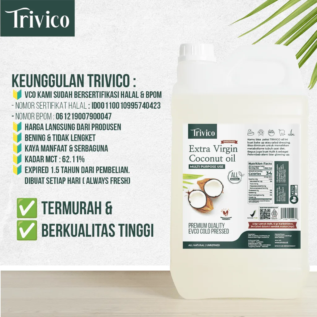 Trivico Minyak VCO Organik Virgin Coconut Oil 5 Liter - Serbaguna, Kaya Manfaat, Halal dan Sudah BPOM