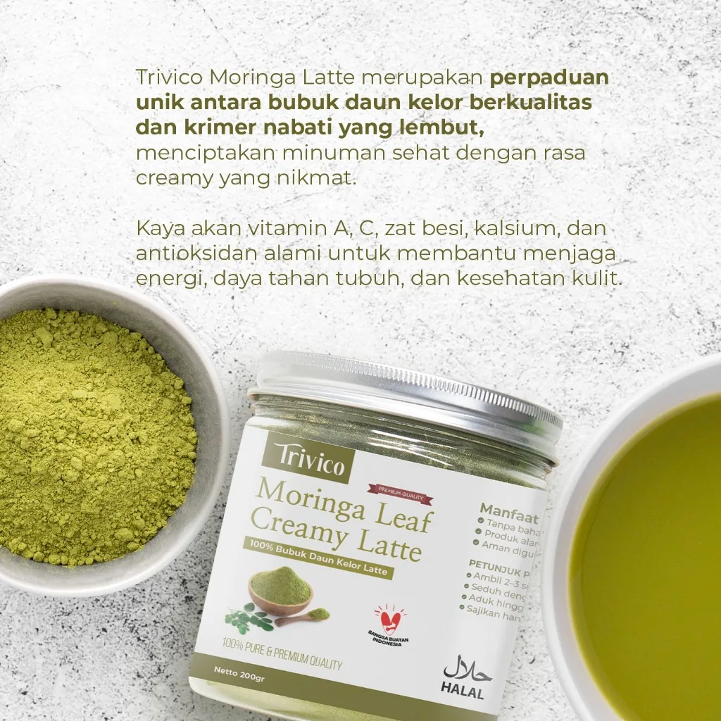 TRIVICO Moringa Leaf Creamy Latte Minuman Daun Kelor Bubuk Kelor Latte Moringa Powder Bebas Laktosa