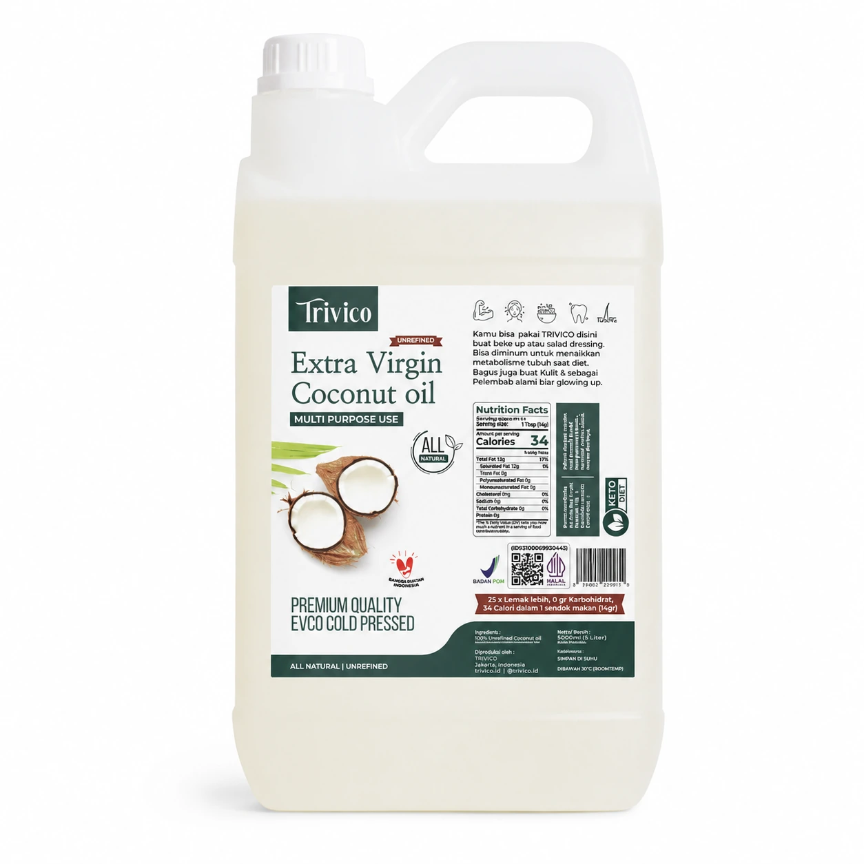 Trivico Minyak VCO Organik Virgin Coconut Oil 5 Liter - Serbaguna, Kaya Manfaat, Halal dan Sudah BPOM