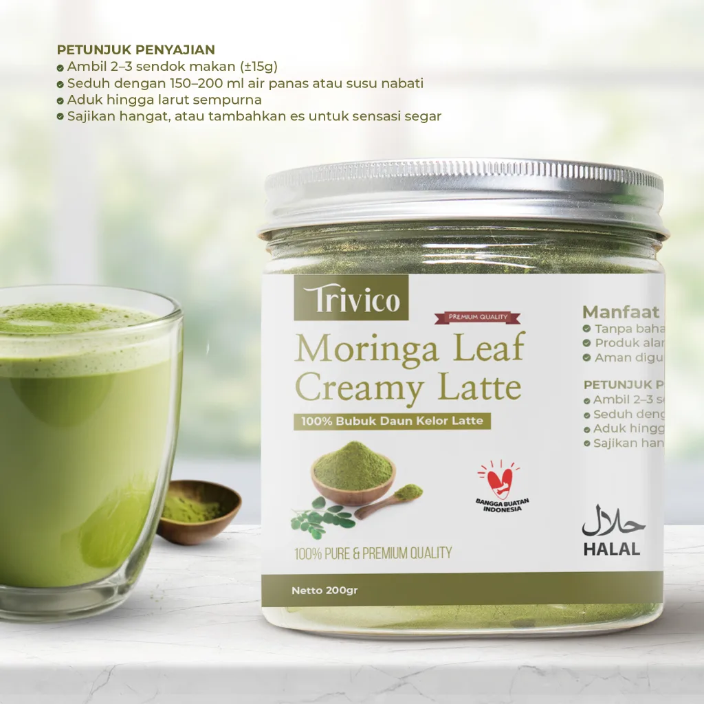 TRIVICO Moringa Leaf Creamy Latte Minuman Daun Kelor Bubuk Kelor Latte Moringa Powder Bebas Laktosa