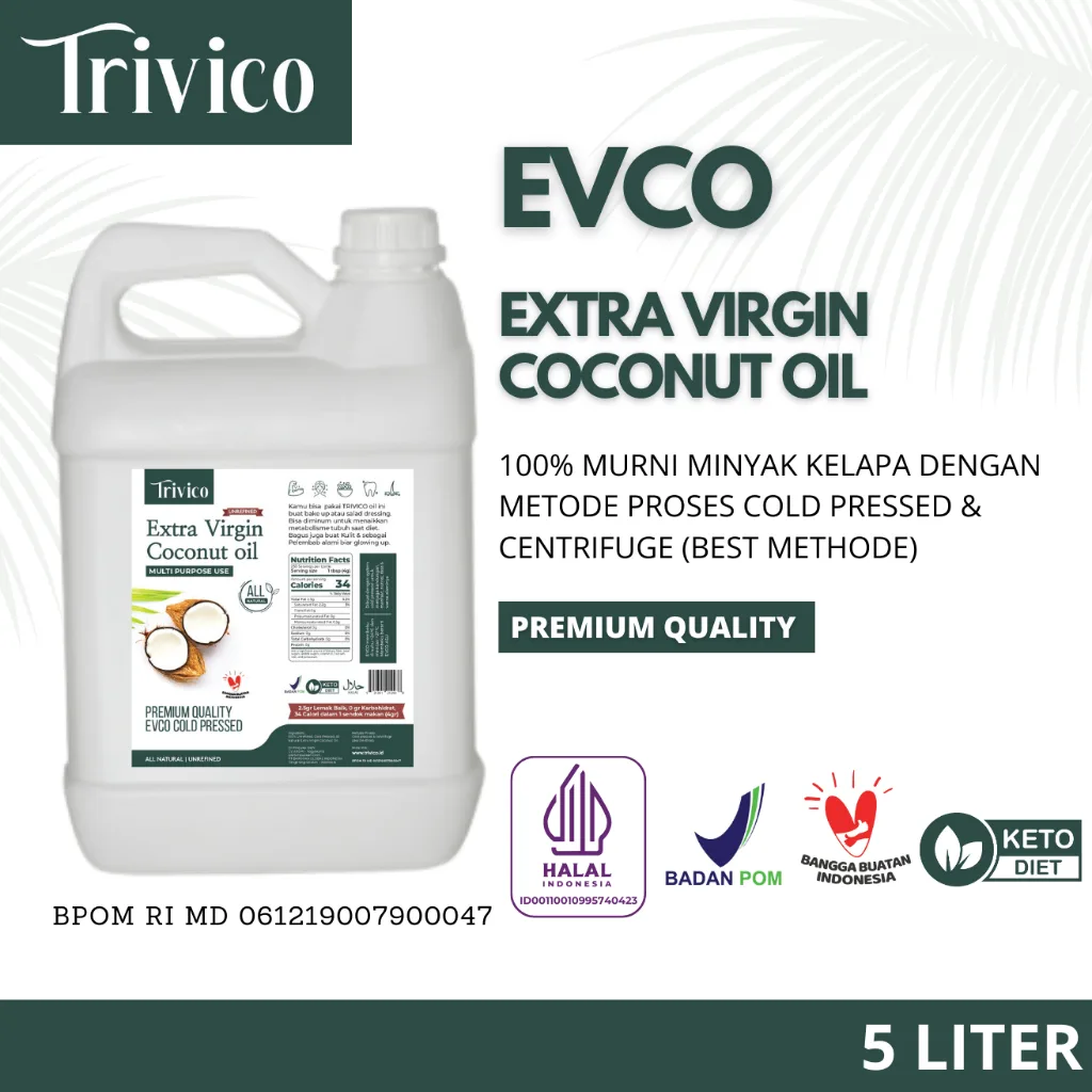 Trivico Minyak VCO Organik Virgin Coconut Oil 5 Liter - Serbaguna, Kaya Manfaat, Halal dan Sudah BPOM