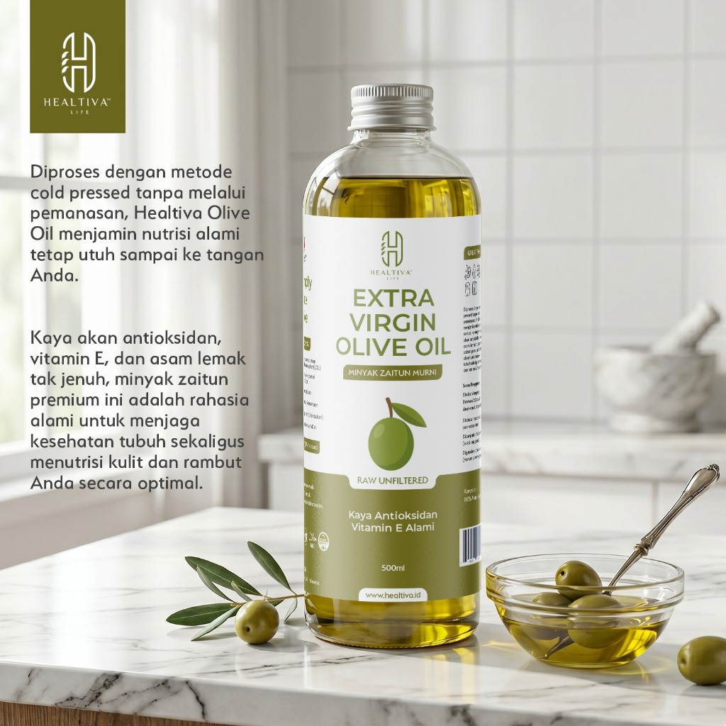 HEALTIVA Extra Virgin Olive Oil 500ml Minyak Zaitun Murni EVOO Antioksidan Vitamin E