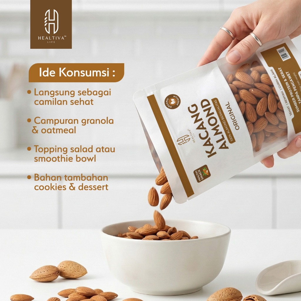 HEALTIVA Kacang Almond Original 250gr Siap Makan Natural Almond Premium Snack Sehat Tanpa Pengawet