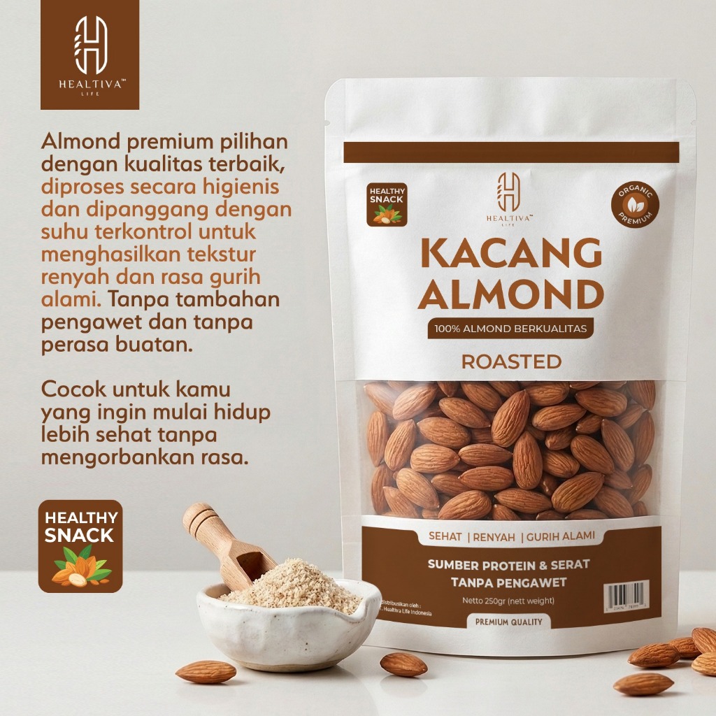 HEALTIVA Kacang Almond Panggang Siap Makan 250gr Almond Roasted Cemilan Sehat Premium Tanpa Pengawet