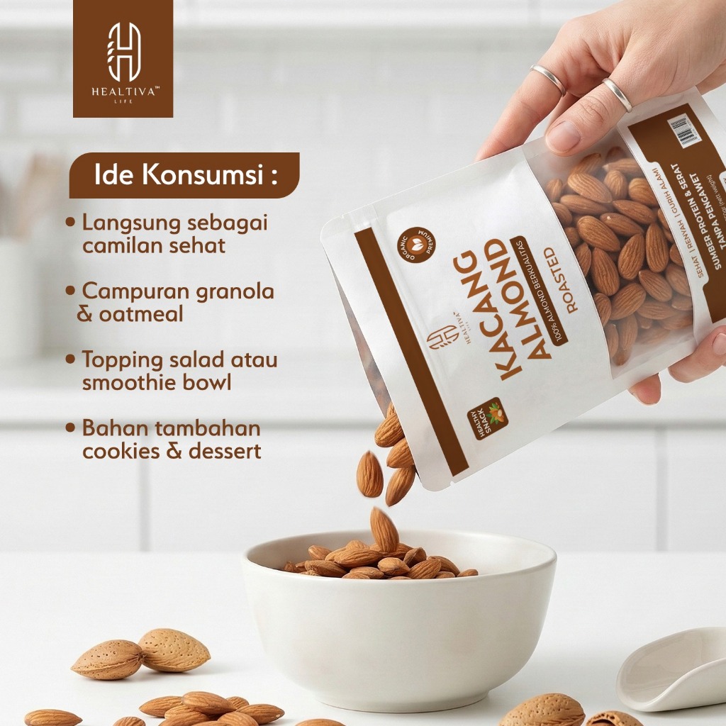 HEALTIVA Kacang Almond Panggang Siap Makan 250gr Almond Roasted Cemilan Sehat Premium Tanpa Pengawet