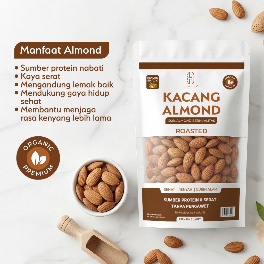 HEALTIVA Kacang Almond Panggang Siap Makan 250gr Almond Roasted Cemilan Sehat Premium Tanpa Pengawet