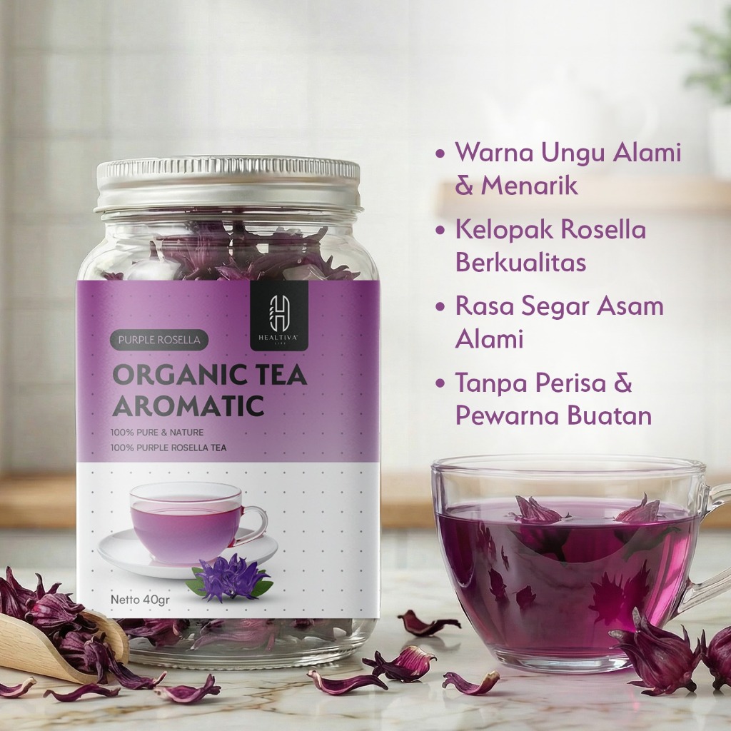 HEALTIVA Purple Rosella Tea Organik 40gr | Teh Rosella Ungu Herbal Premium Loose Leaf