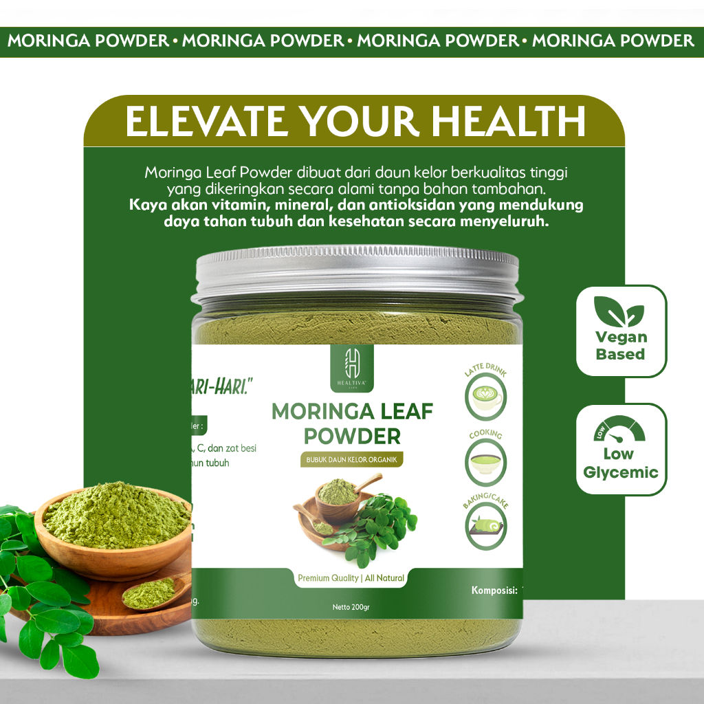 HEALTIVA Bubuk Daun Kelor Murni Organik Moringa Powder Pure Premium Alami Kelor Bubuk 200gr