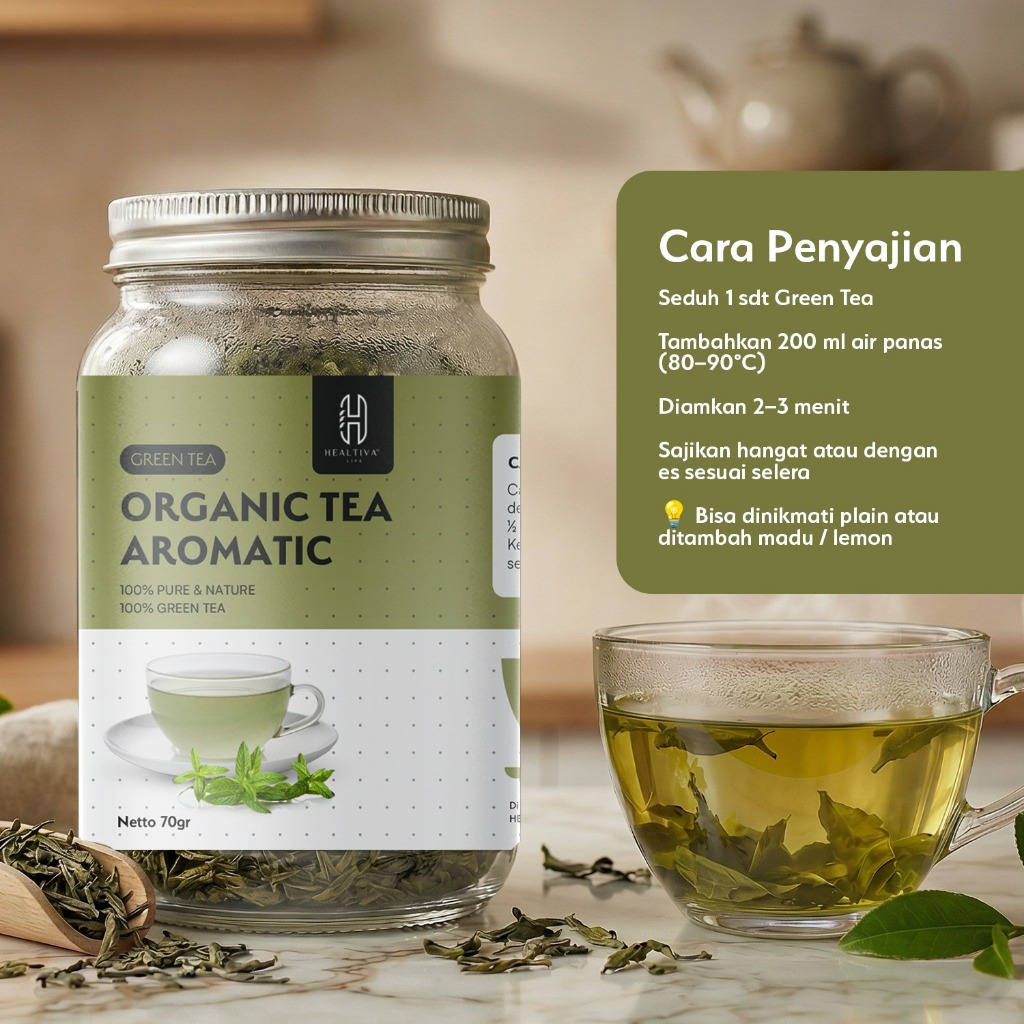 HEALTIVA Green Tea Organik Teh Hijau 70gr Premium Loose Leaf Natural