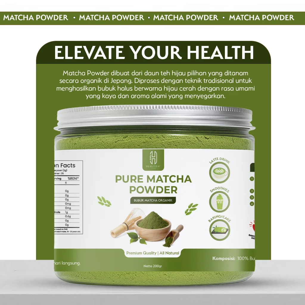 HEALTIVA Pure Matcha Powder 200gr Bubuk Matcha Premium Organik Original