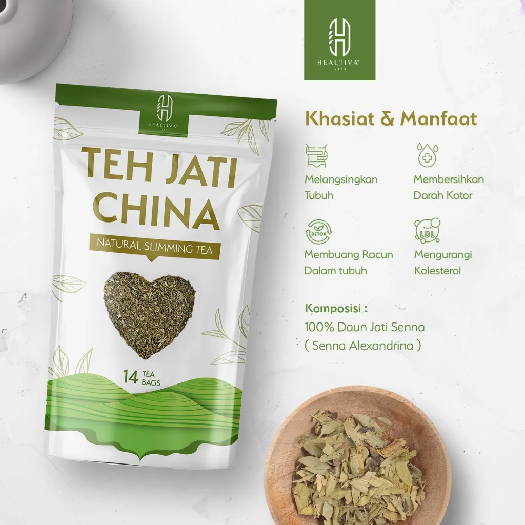 HEALTIVA Teh  Daun Jati China Teh Diet 14 Kantong Teh Herbal Celup Daun Senna Pelancar Pencernaan