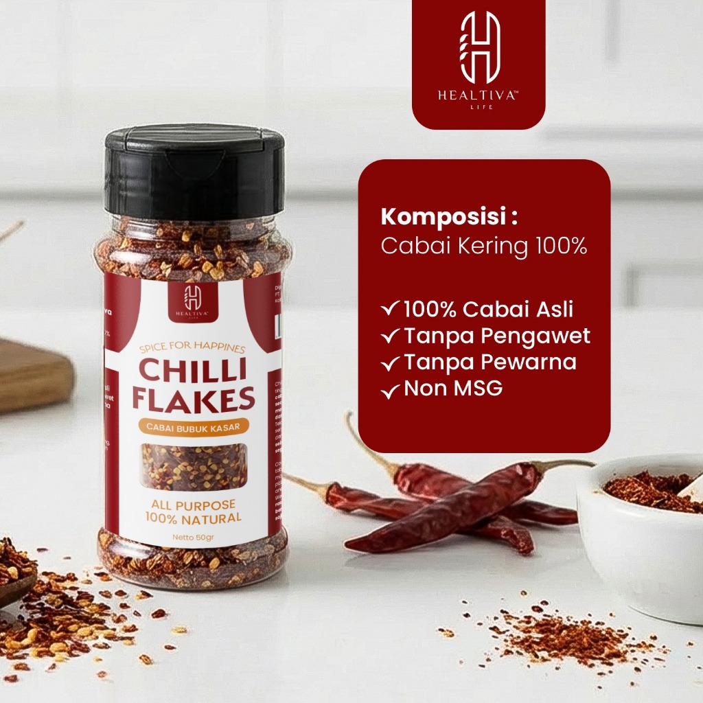 HEALTIVA Chili Flakes 45gr Cabe Bubuk Kasar Bubuk Cabe Healtiva All Purpose 100% Natural Non MSG