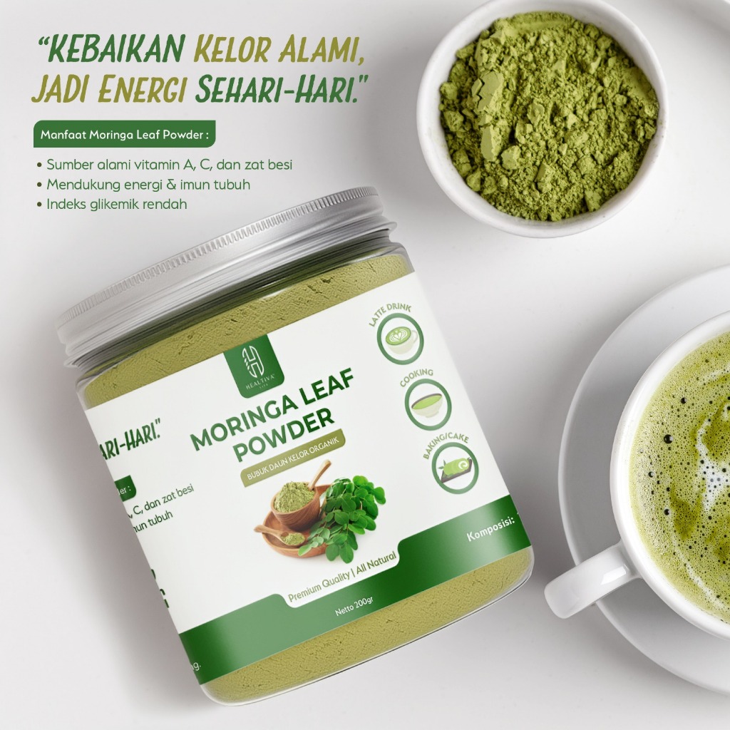 HEALTIVA Bubuk Daun Kelor Murni Organik Moringa Powder Pure Premium Alami Kelor Bubuk 200gr