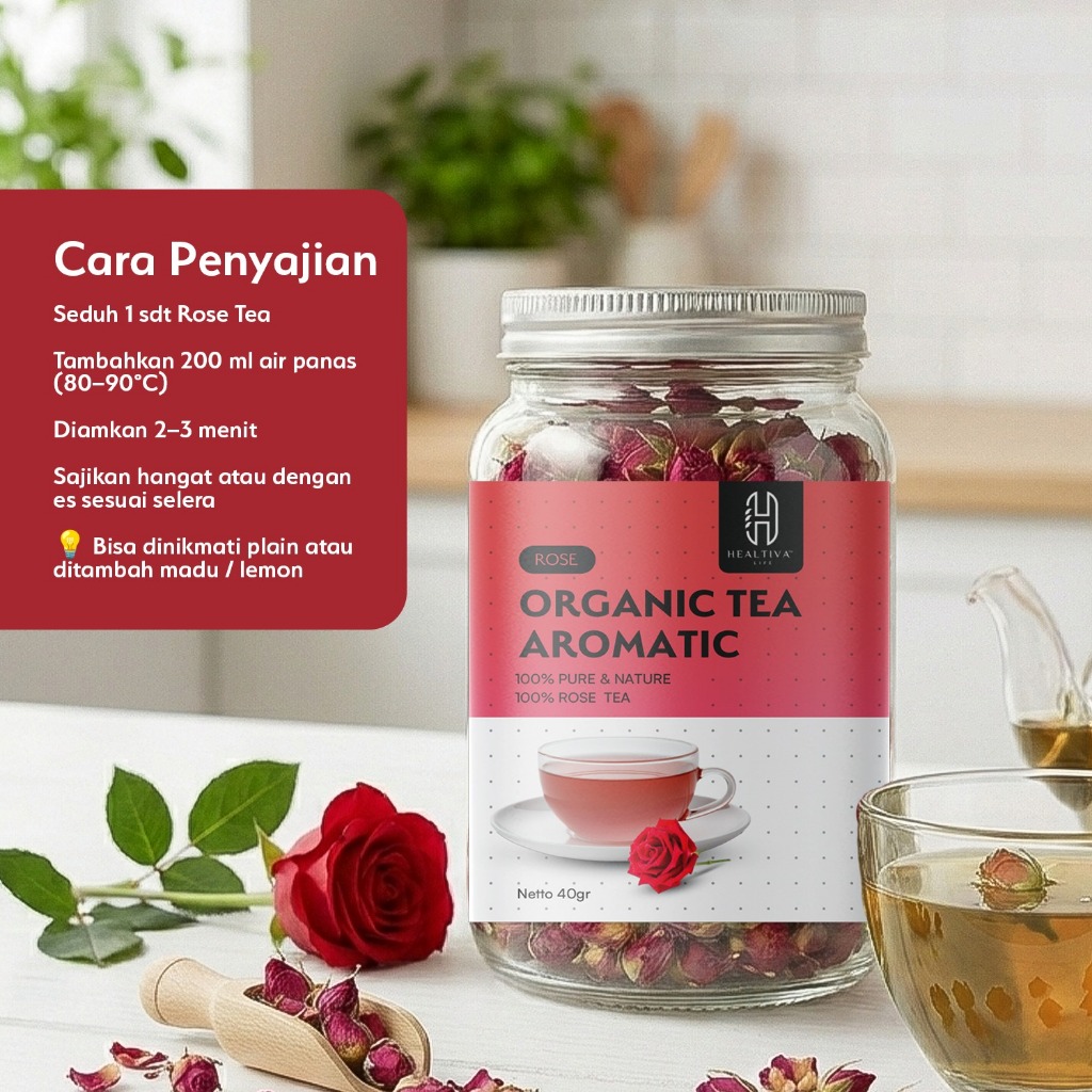 HEALTIVA Teh Bunga Organik Red Rose Tea Teh Mawar Herbal Aromatic Ringan Menyegarkan Tanpa Kafein 40g