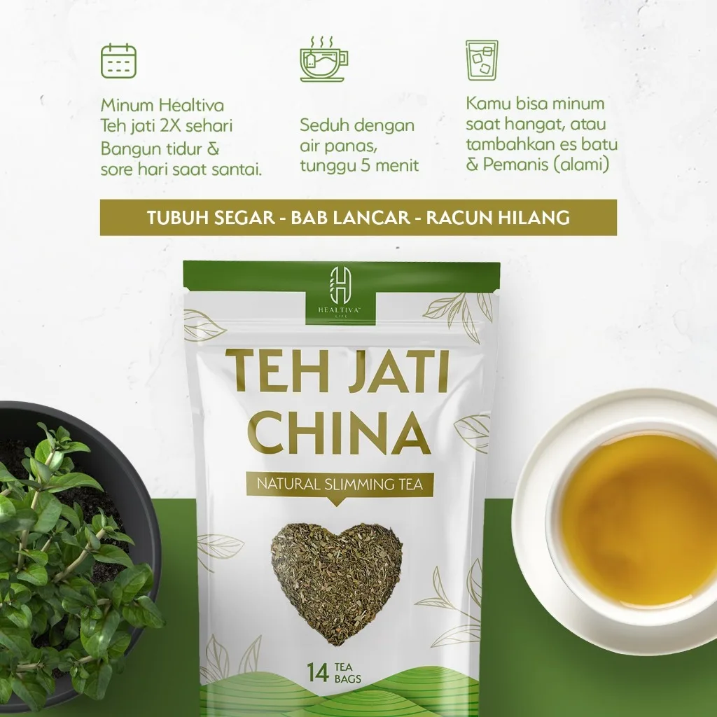 HEALTIVA Teh  Daun Jati China Teh Diet 14 Kantong Teh Herbal Celup Daun Senna Pelancar Pencernaan