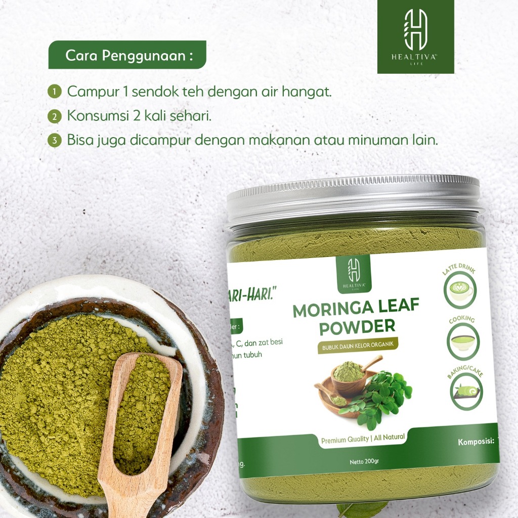 HEALTIVA Bubuk Daun Kelor Murni Organik Moringa Powder Pure Premium Alami Kelor Bubuk 200gr