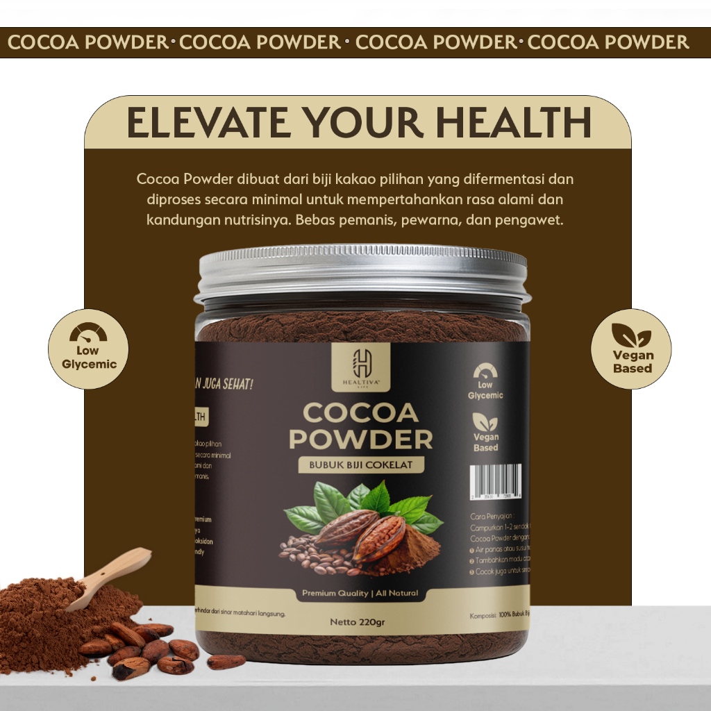 HEALTIVA Cocoa Powder Premium 220gr Bubuk Cokelat 100% Murni Tanpa Gula