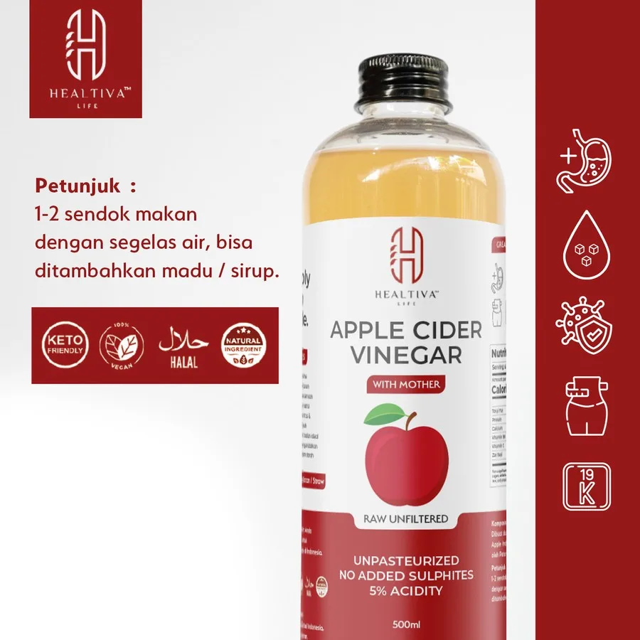HEALTIVA Cuka Apel 500 ML GROSIR Cuka Apel Organik Apple Cider Vinegar With The Mother Murni 100%