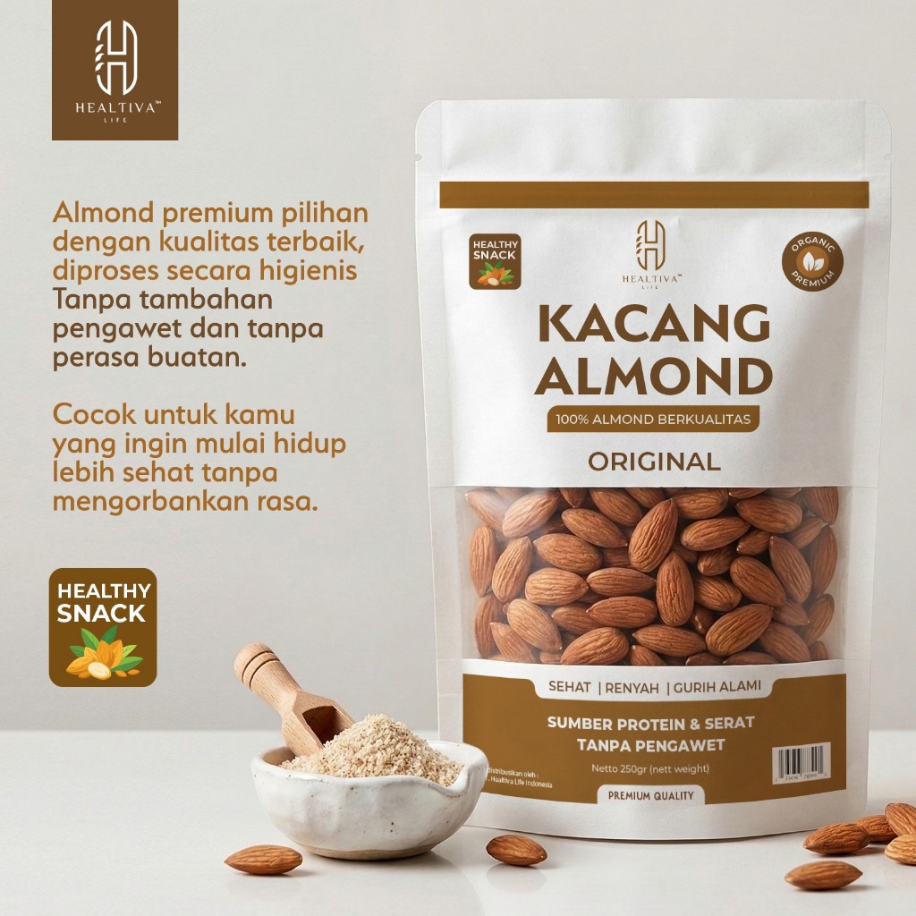 HEALTIVA Kacang Almond Original 250gr Siap Makan Natural Almond Premium Snack Sehat Tanpa Pengawet
