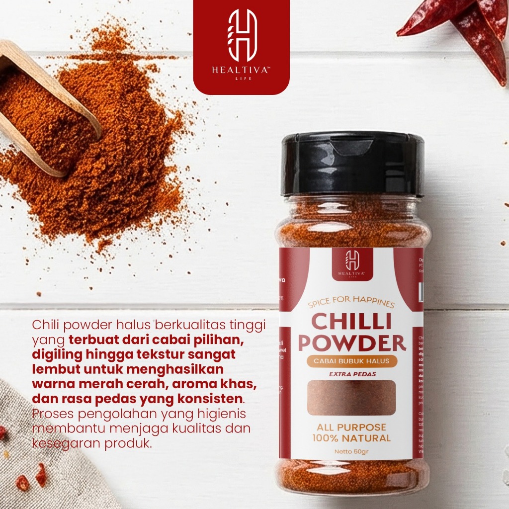 HEALTIVA Chilli Powder 45gr Cabe Bubuk Halus Extra Pedas Bubuk Cabe Asli Tanpa MSG