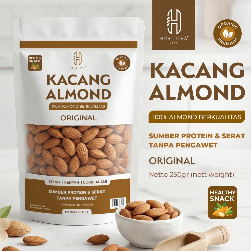 HEALTIVA Kacang Almond Original 250gr Siap Makan Natural Almond Premium Snack Sehat Tanpa Pengawet