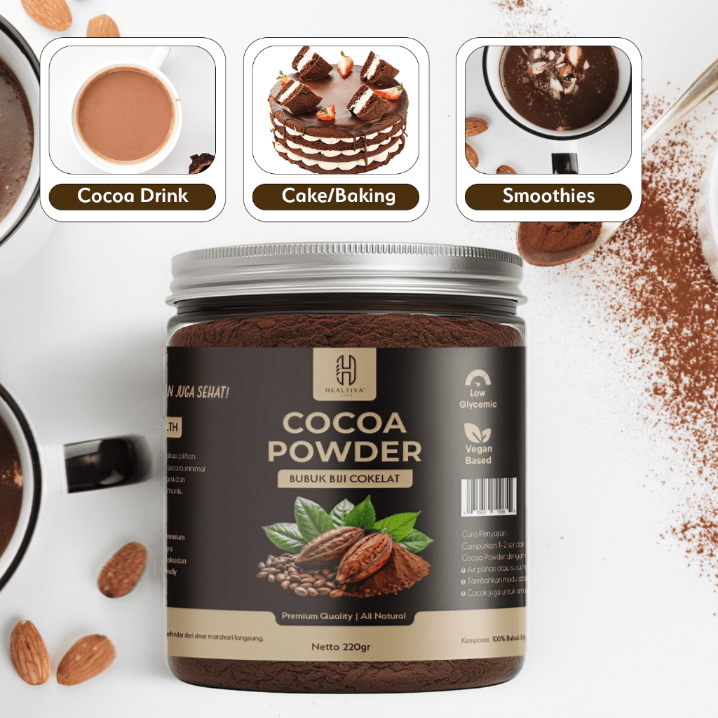 HEALTIVA Cocoa Powder Premium 220gr Bubuk Cokelat 100% Murni Tanpa Gula