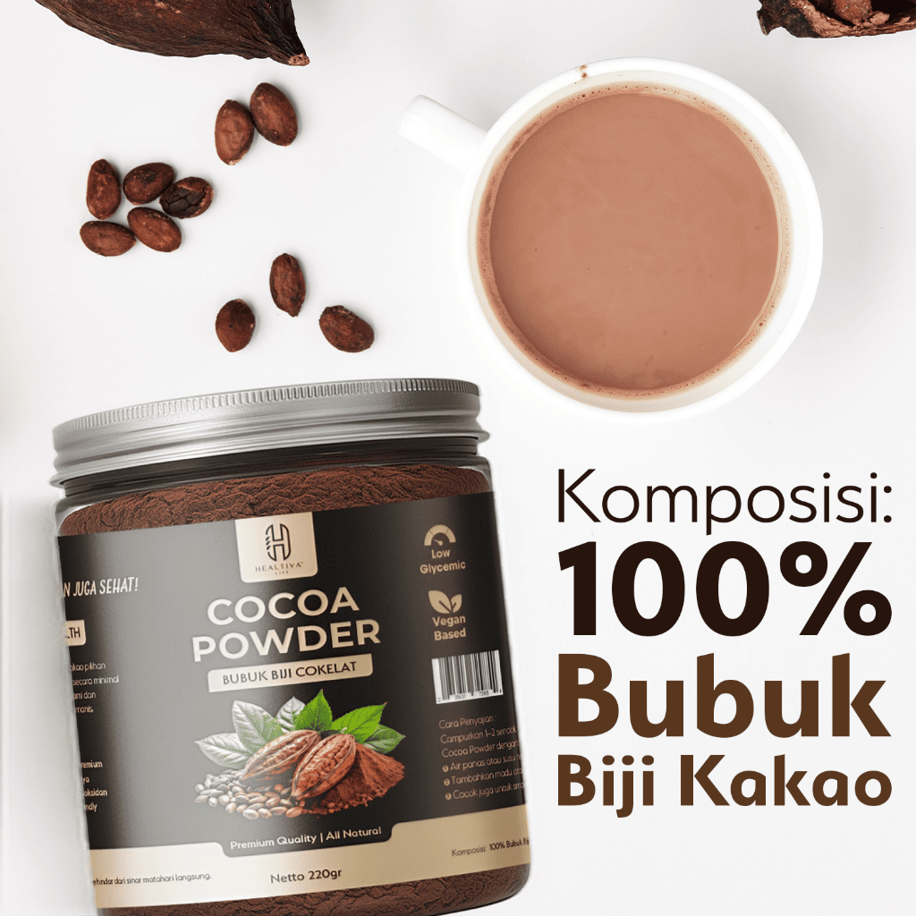 HEALTIVA Cocoa Powder Premium 220gr Bubuk Cokelat 100% Murni Tanpa Gula
