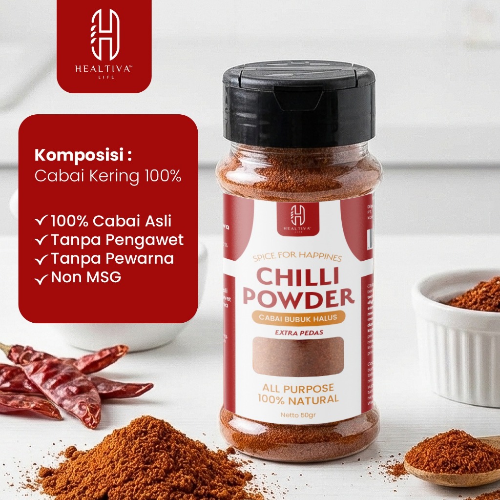 HEALTIVA Chilli Powder 45gr Cabe Bubuk Halus Extra Pedas Bubuk Cabe Asli Tanpa MSG