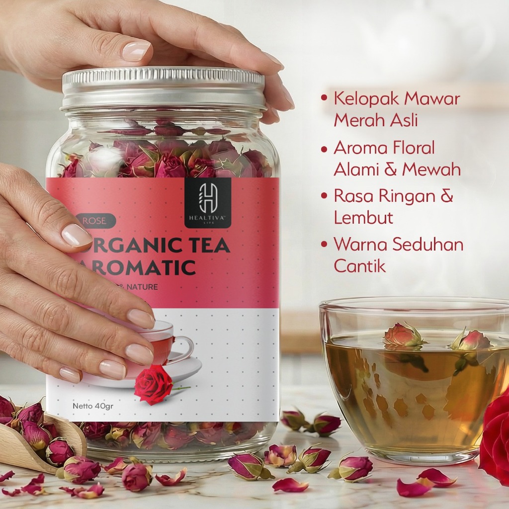 HEALTIVA Teh Bunga Organik Red Rose Tea Teh Mawar Herbal Aromatic Ringan Menyegarkan Tanpa Kafein 40g