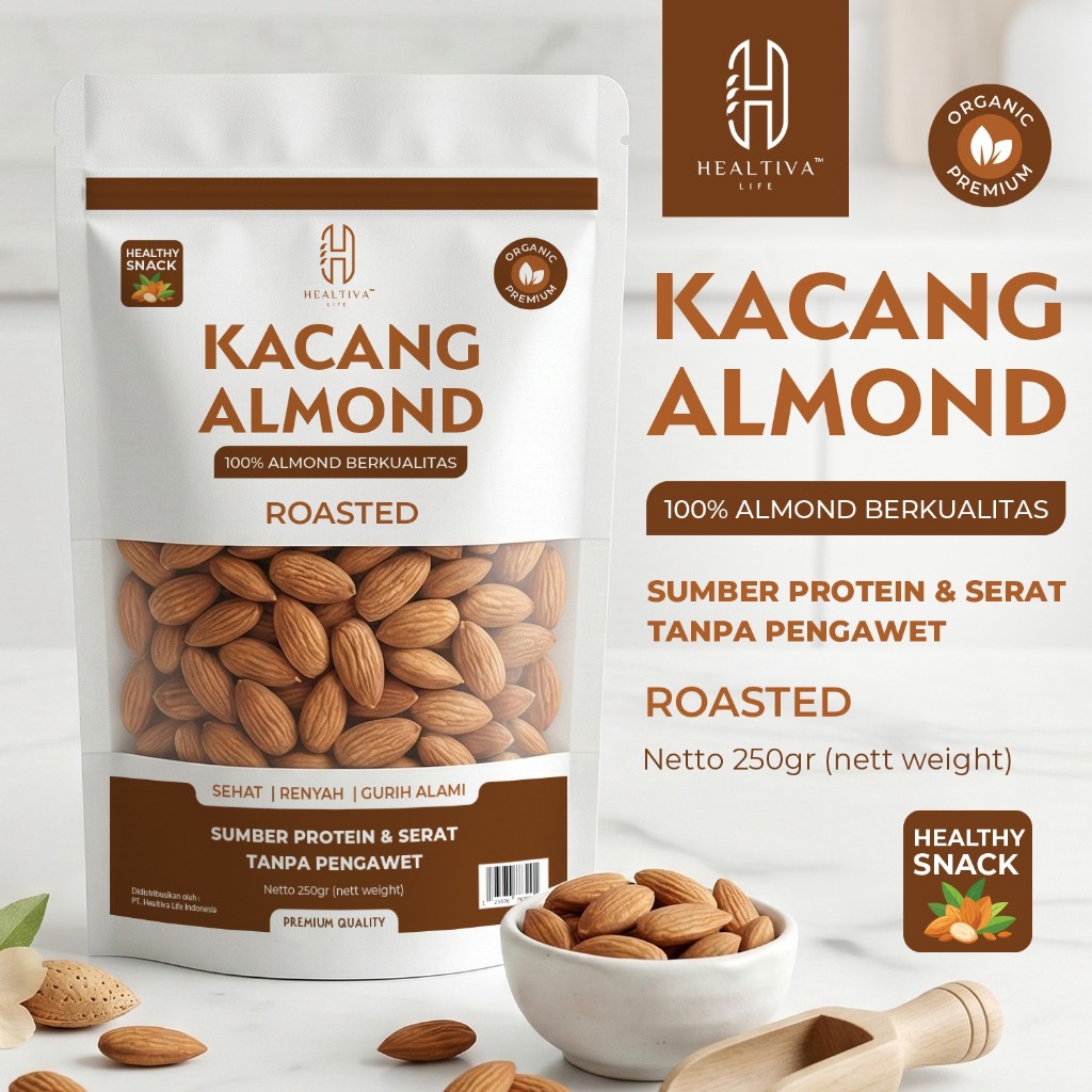 HEALTIVA Kacang Almond Panggang Siap Makan 250gr Almond Roasted Cemilan Sehat Premium Tanpa Pengawet