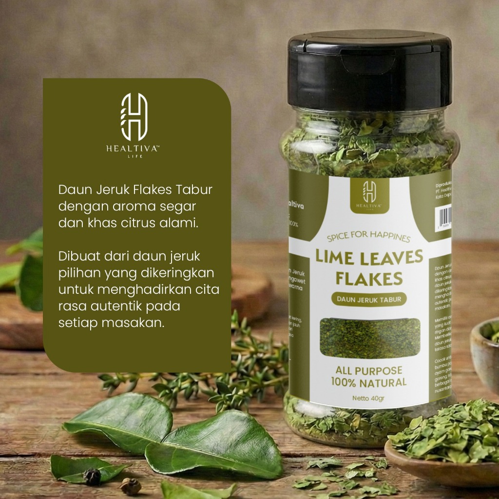 HEALTIVA Lime Leaves Flakes 40gr Daun Jeruk Kering Tabur Bumbu Masak Alami Premium