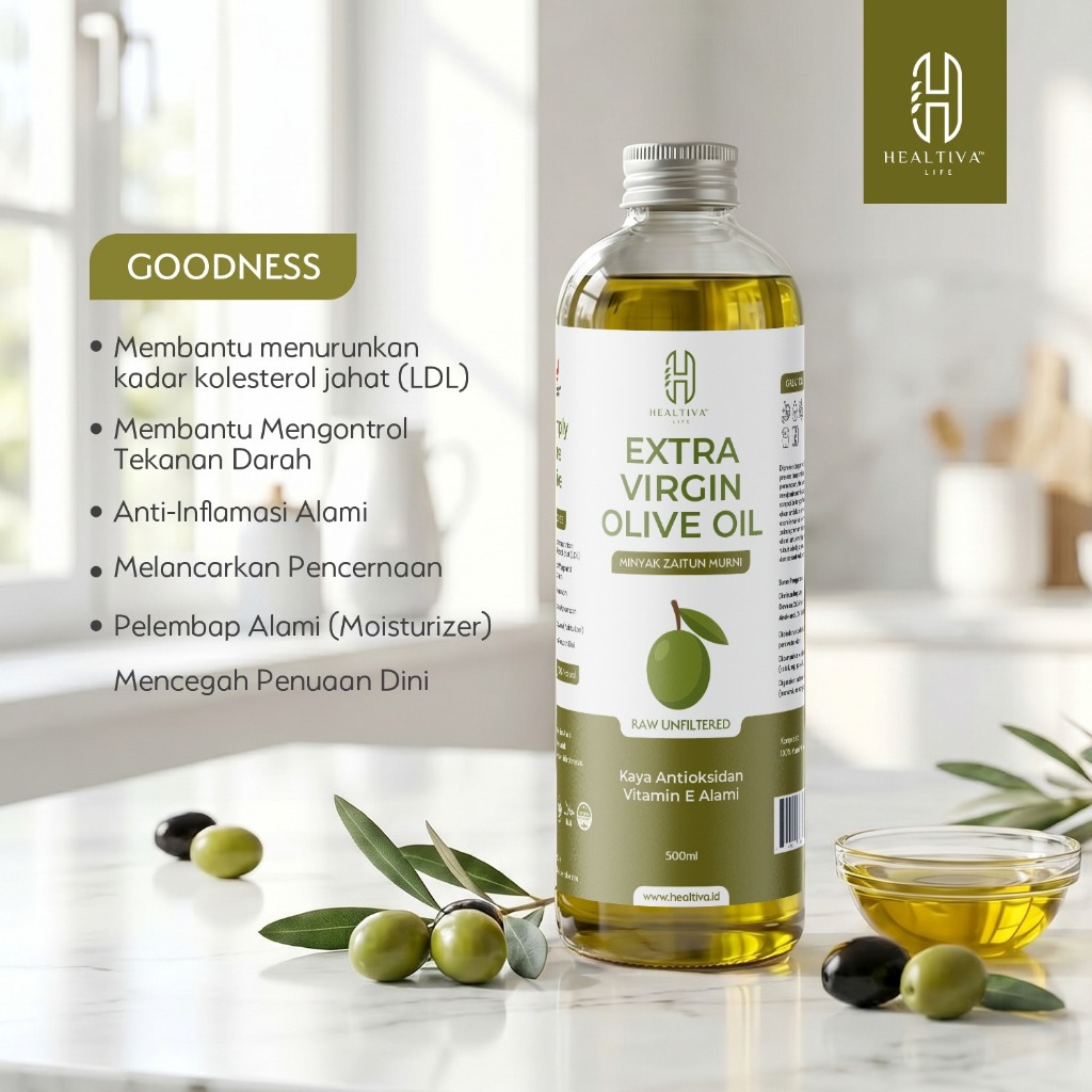 HEALTIVA Extra Virgin Olive Oil 500ml Minyak Zaitun Murni EVOO Antioksidan Vitamin E