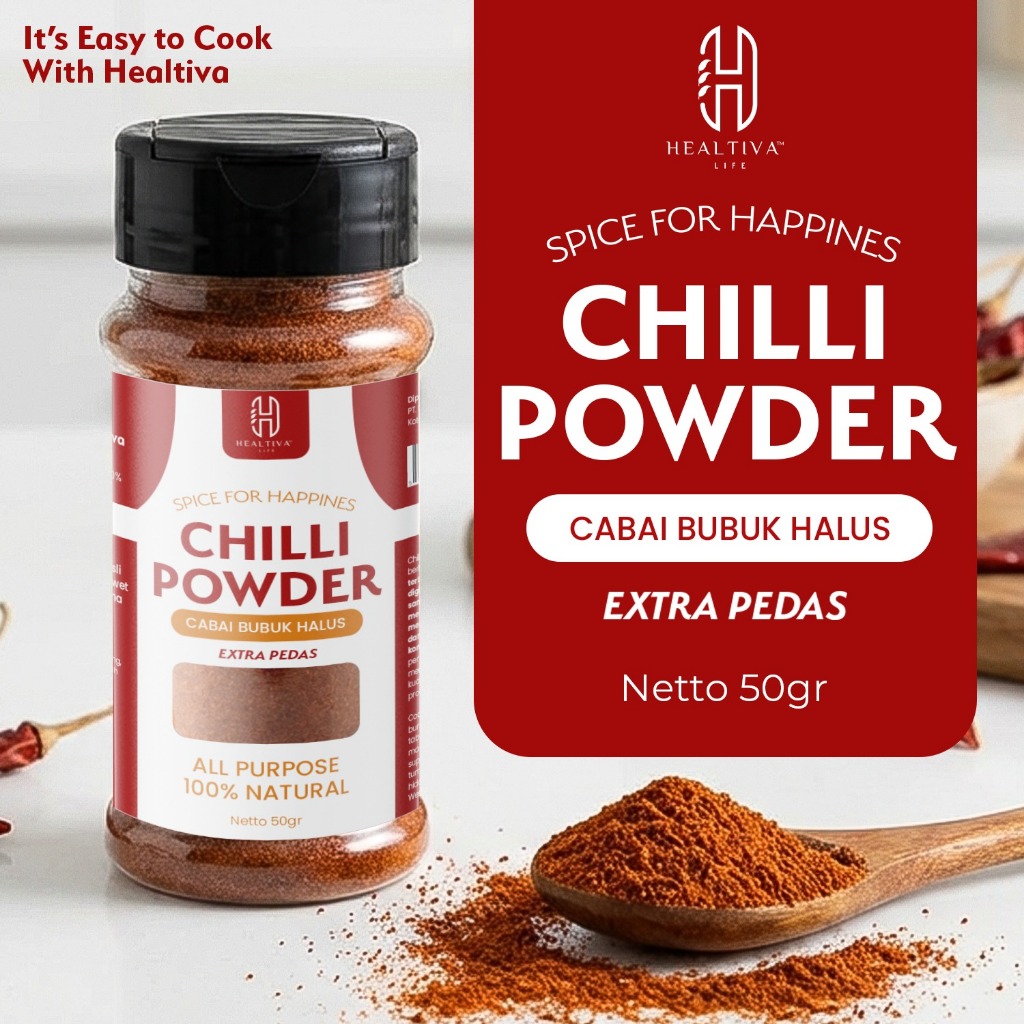 HEALTIVA Chilli Powder 45gr Cabe Bubuk Halus Extra Pedas Bubuk Cabe Asli Tanpa MSG