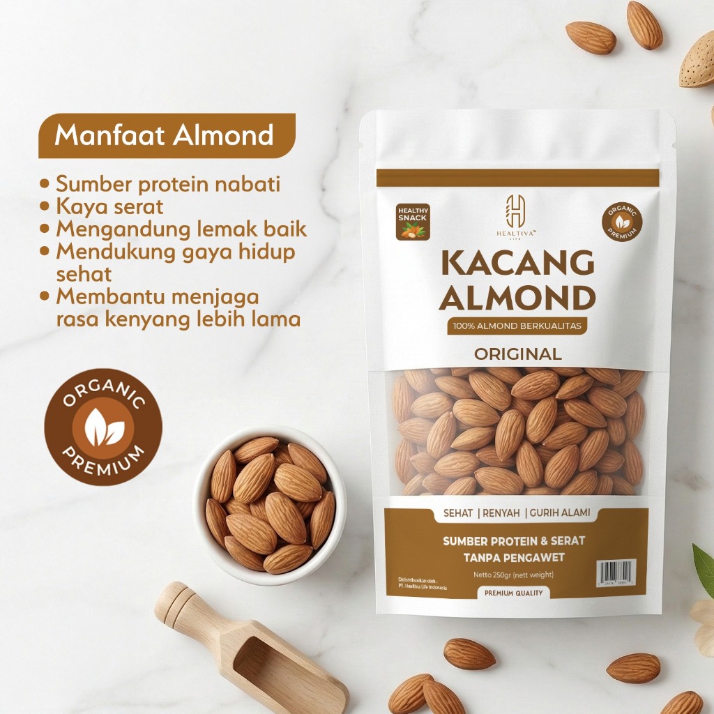 HEALTIVA Kacang Almond Original 250gr Siap Makan Natural Almond Premium Snack Sehat Tanpa Pengawet