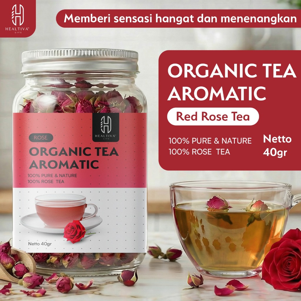 HEALTIVA Teh Bunga Organik Red Rose Tea Teh Mawar Herbal Aromatic Ringan Menyegarkan Tanpa Kafein 40g