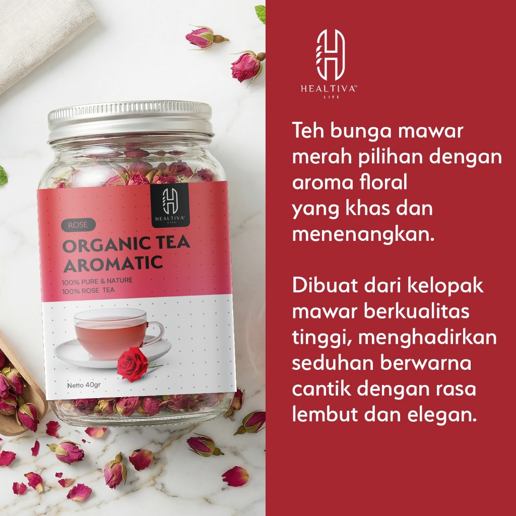 HEALTIVA Teh Bunga Organik Red Rose Tea Teh Mawar Herbal Aromatic Ringan Menyegarkan Tanpa Kafein 40g