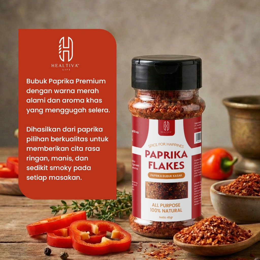 HEALTIVA Paprika Flakes 45gr Paprika Kering Kasar Bumbu Tabur Non MSG Tanpa Pengawet Premium