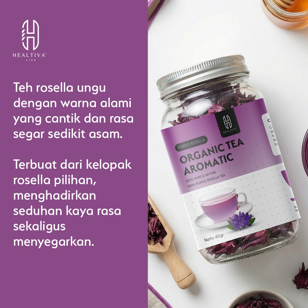 HEALTIVA Purple Rosella Tea Organik 40gr | Teh Rosella Ungu Herbal Premium Loose Leaf