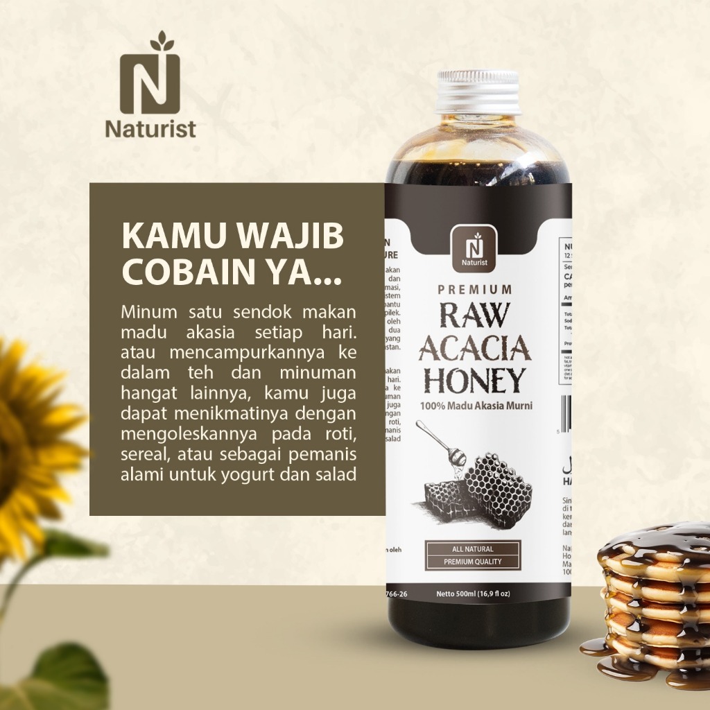 NATURIST Madu Akasia Murni 500ml Madu Asli 100% Raw Honey Tanpa Campuran Baik untuk Daya Tahan Tubuh