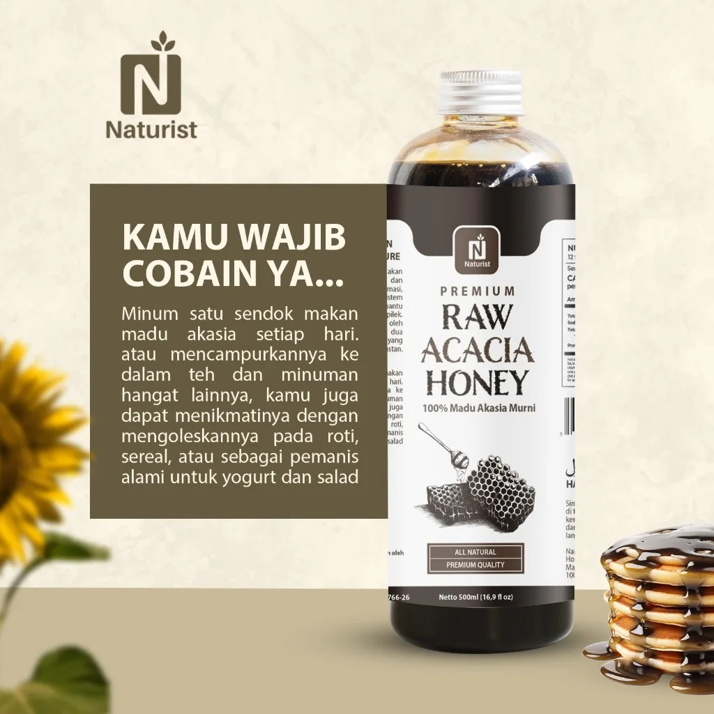 NATURIST Madu Akasia Murni 500ml Madu Asli 100% Raw Honey Tanpa Campuran Baik untuk Daya Tahan Tubuh