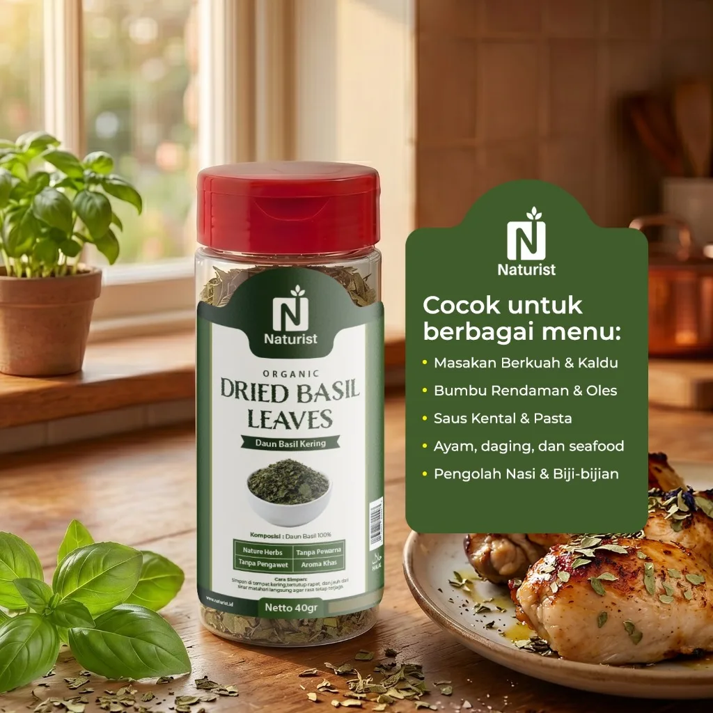 NATURIST Dried Basil Leaves 40gr Daun Basil Kering Bumbu Masak Pasta Pizza Premium Non MSG