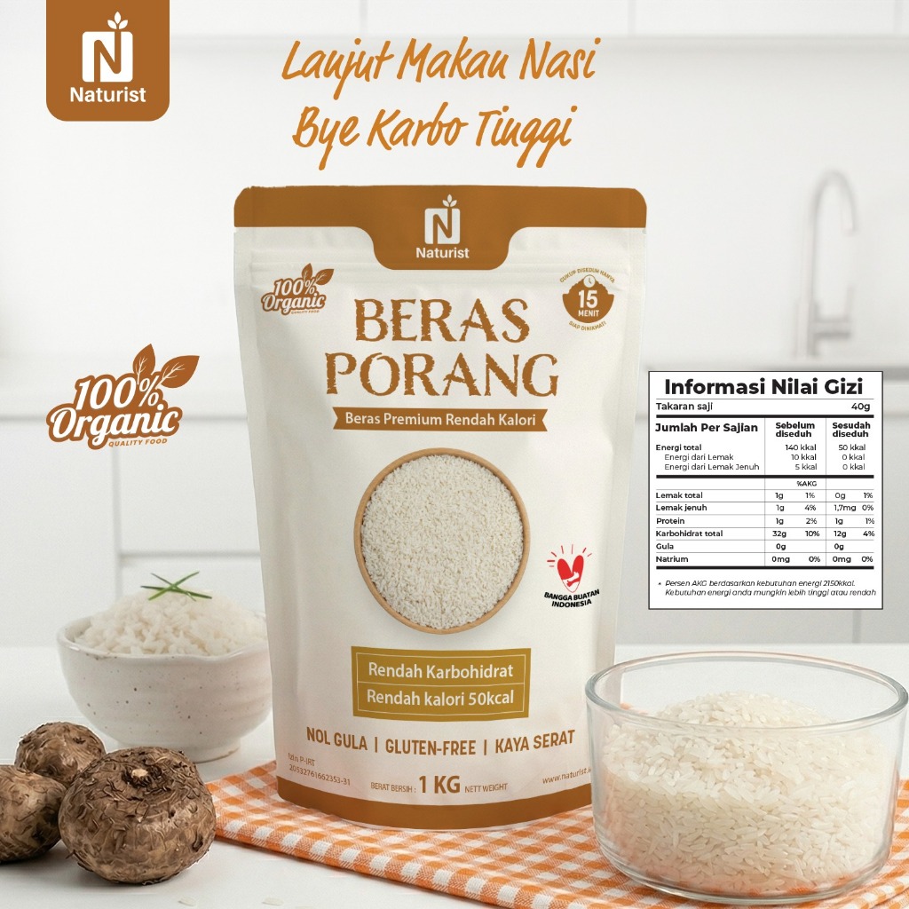 NATURIST Beras Porang 1kg Shirataki Rice Diet Rendah Kalori Tinggi Serat Pengganti Nasi