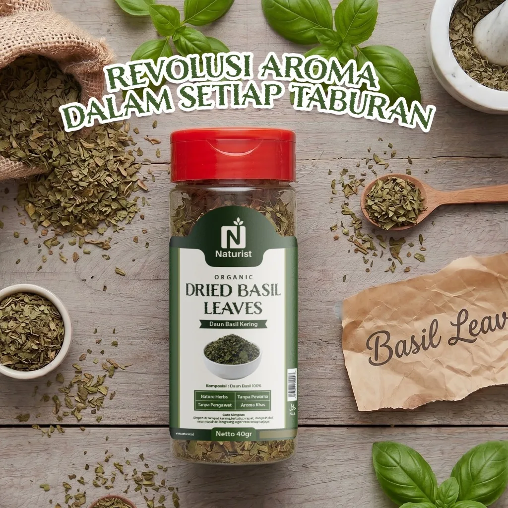NATURIST Dried Basil Leaves 40gr Daun Basil Kering Bumbu Masak Pasta Pizza Premium Non MSG