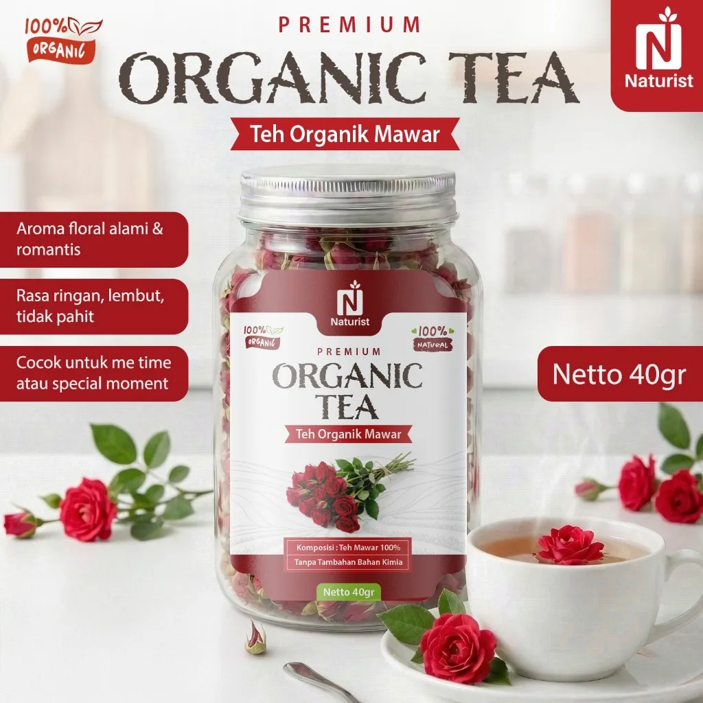 NATURIST Teh Mawar Merah Organik 40gr Red Rose Tea Premium Herbal 100% Natural Tanpa Kafein