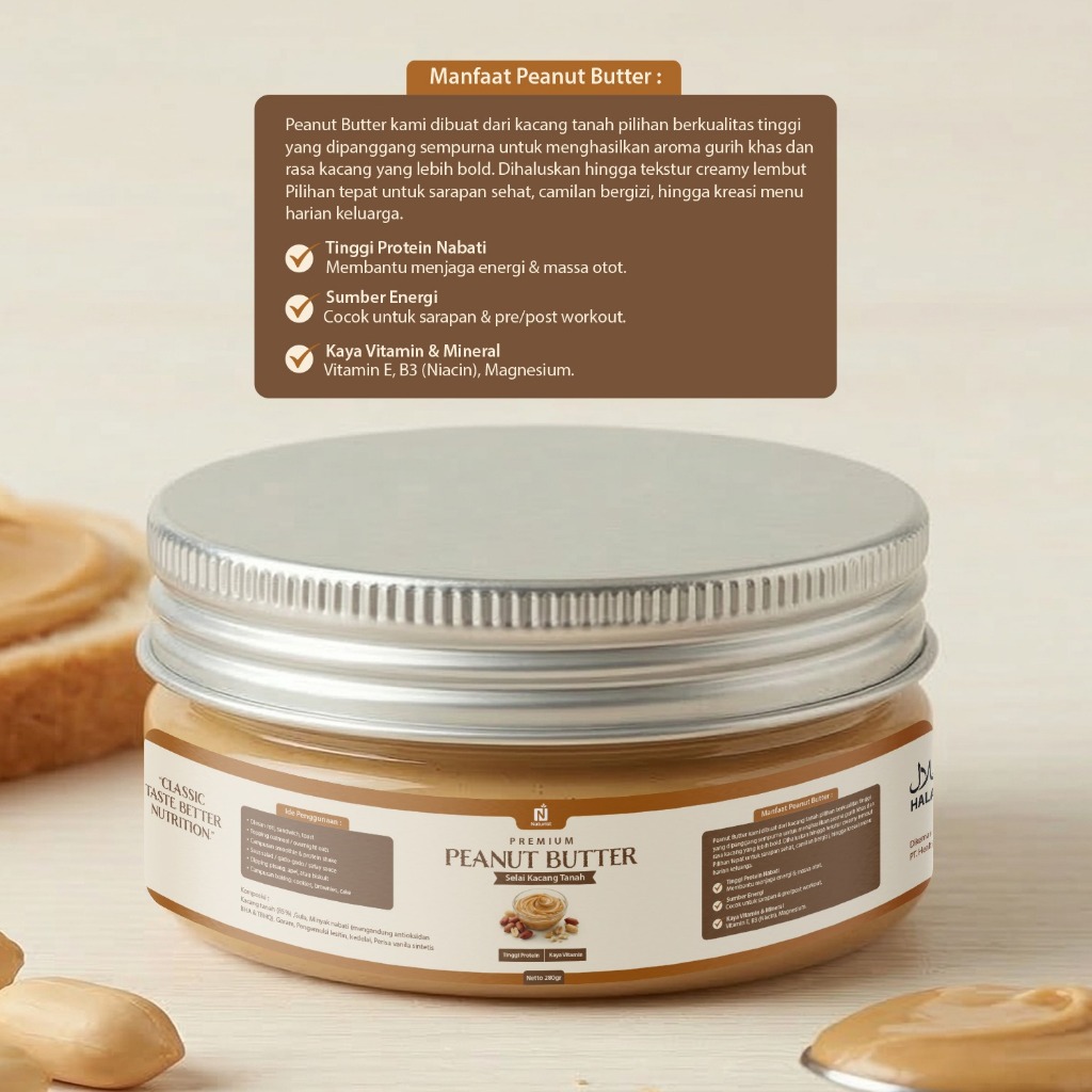 NATURIST Peanut Butter 280gr Creamy Selai Kacang Tinggi Protein Lemak Sehat Tanpa Pengawet Premium