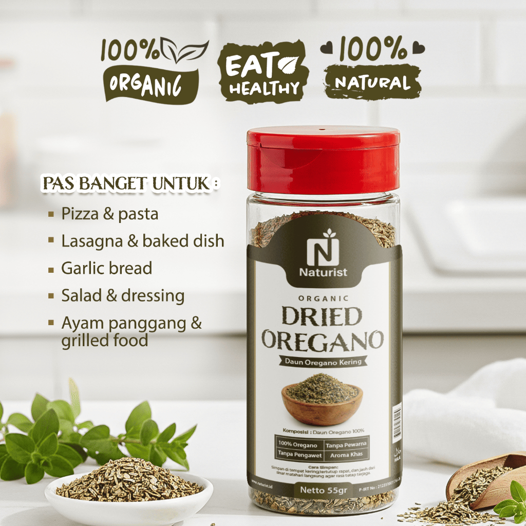 NATURIST Dried Oregano 55gr Oregano Kering Asli 100% Daun Oregano untuk Pizza Pasta Steak Masakan Western