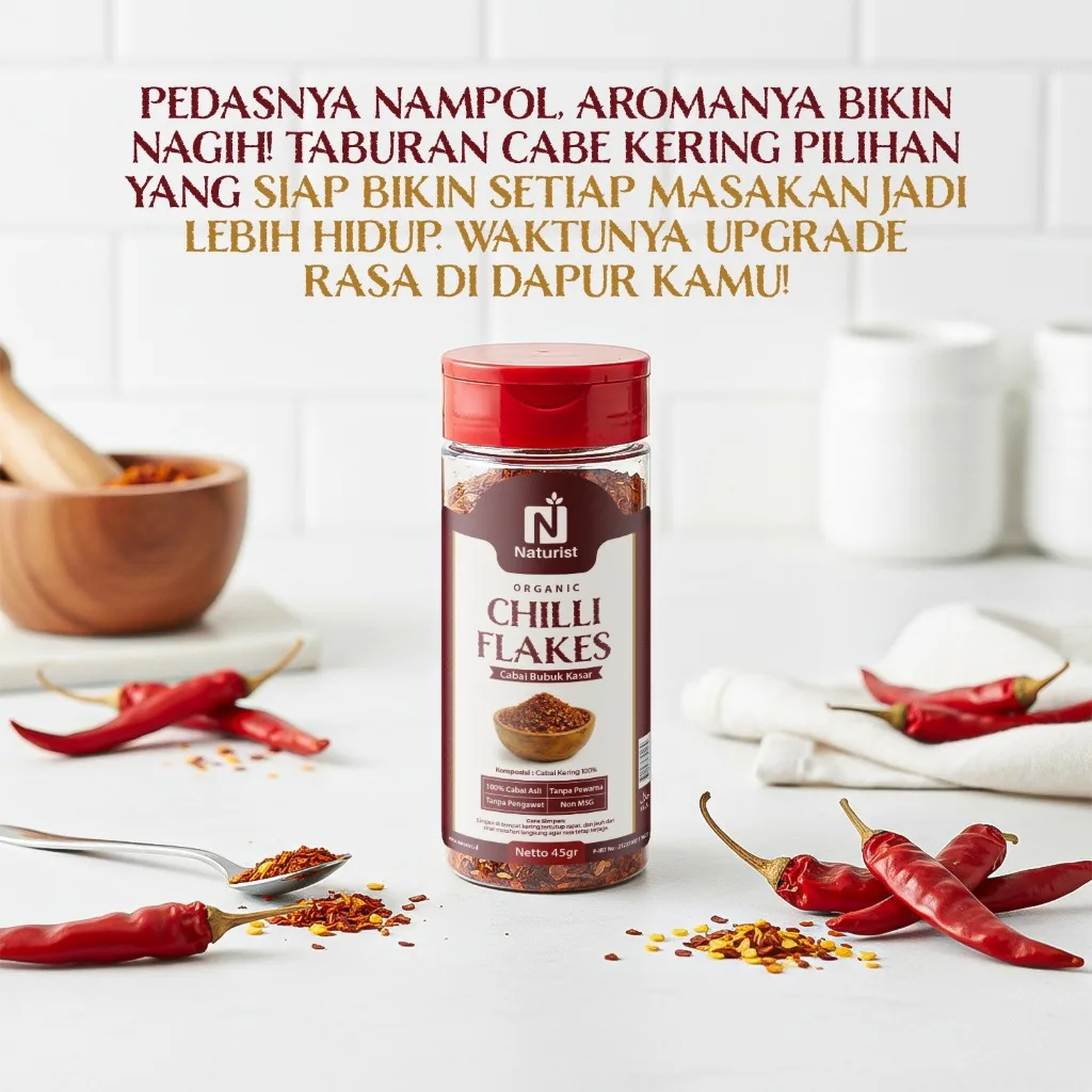 NATURIST Chilli Flakes Cabai Bubuk Kasar 45gr Cabe Bubuk Original Bubuk Cabe Pedas Alami Tanpa MSG
