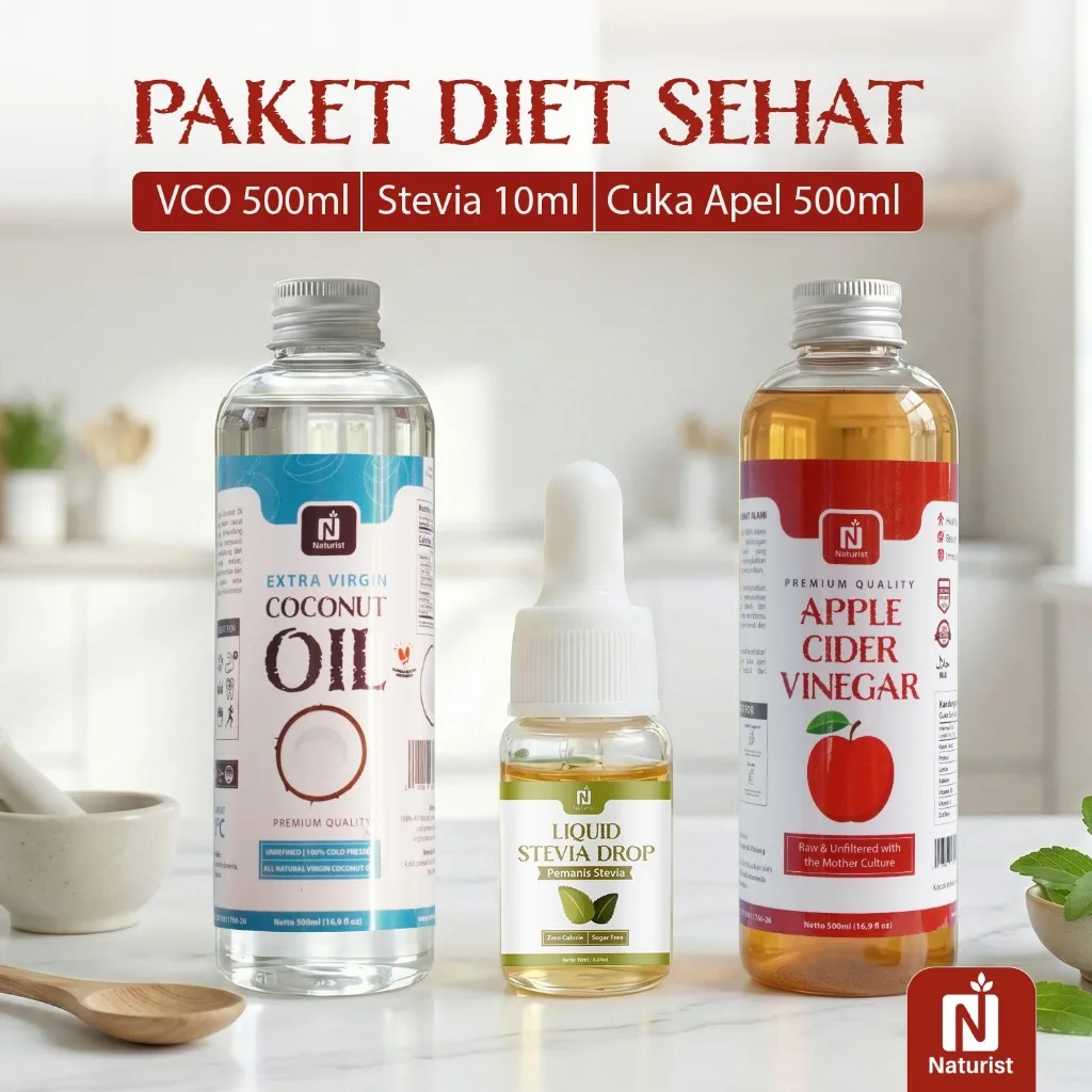 NATURIST Paket Diet Sehat VCO 500ml + Cuka Apel 500ml + Stevia Drop 10ml Naturist Original
