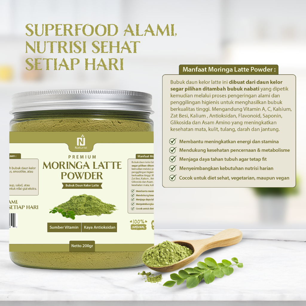 NATURIST Moringa Latte 200gr Minuman Kelor Vegan Bubuk Daun Kelor Bebas Laktosa