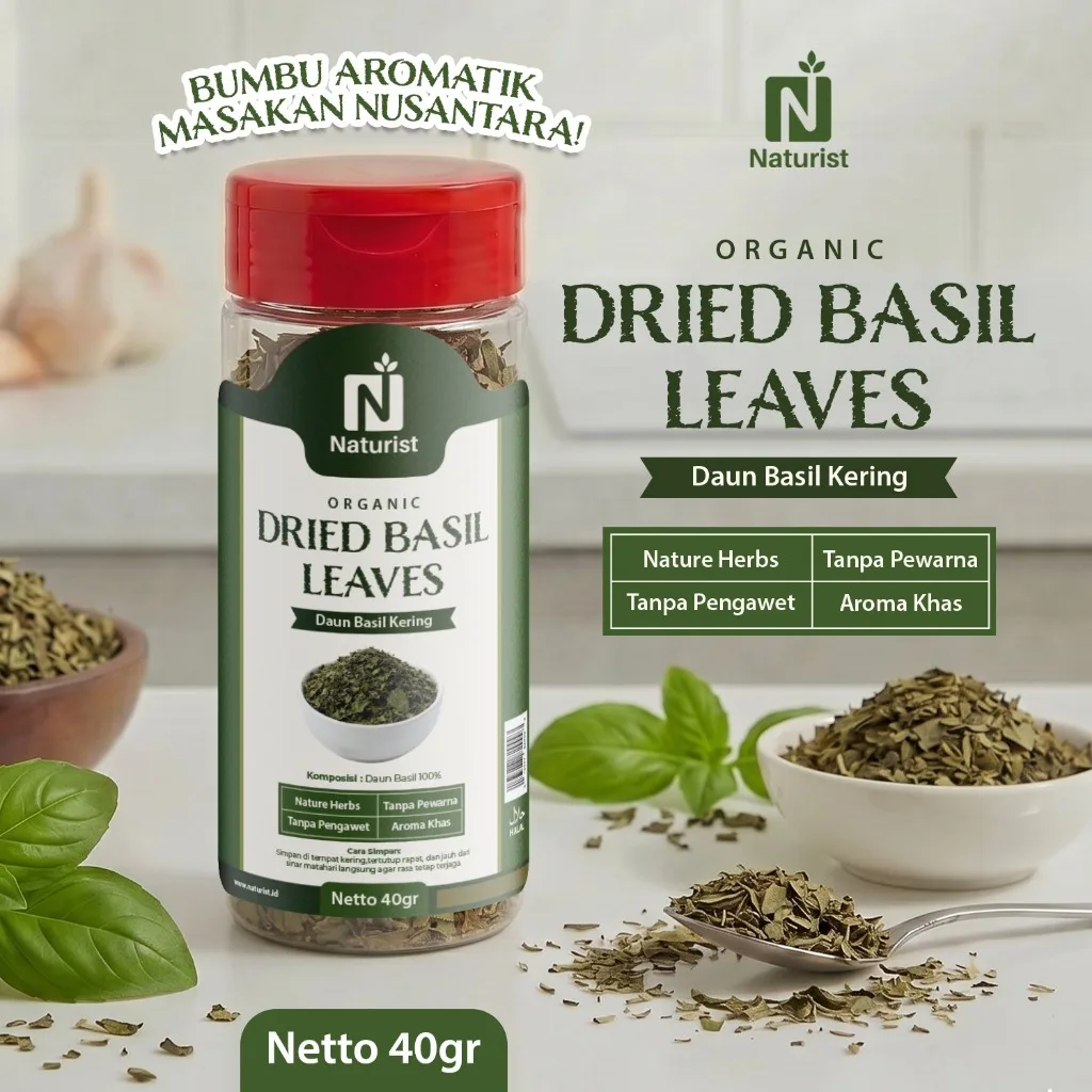 NATURIST Dried Basil Leaves 40gr Daun Basil Kering Bumbu Masak Pasta Pizza Premium Non MSG